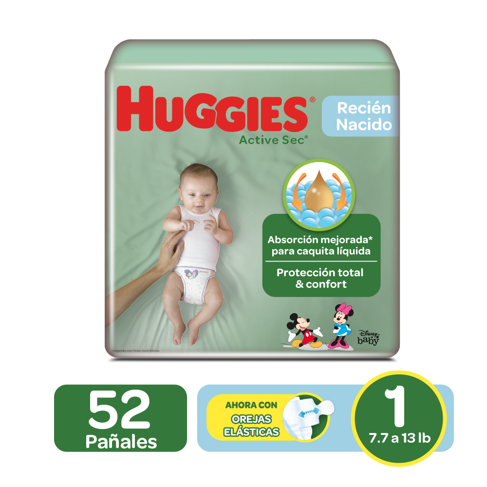 Pañales Huggies Active Sec Newborn Size 1; 52uds